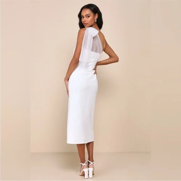 Lulu’s Elegant White Midi Dress with Pearl Shoulder Detail - Picture 3 of 8